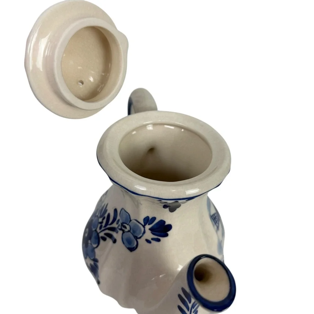 Delft Blue Handpainted Ceramic Teapot Windmill Floral Blue White Dutch Pottery‎